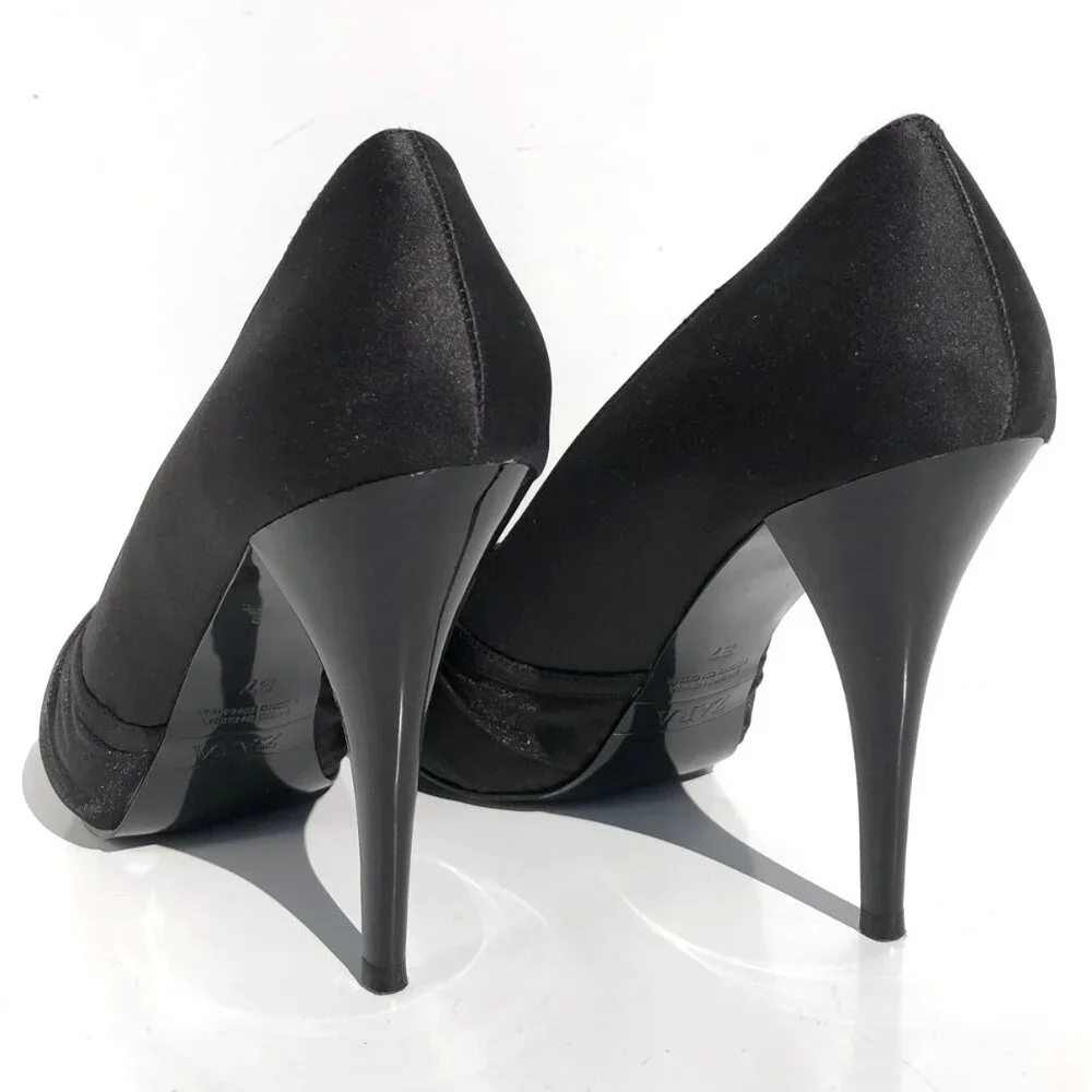 Zara Collection peep toe heels 37 black satin patent platform pump evening party